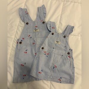 OshKosh B'gosh Light Blue Cherry Pattern Overalls Matching Sisters
